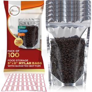 BELLE KR 5x8 Mylar Bags with Window Stand Up - Pack Of 100, 7.5mil Thick - Clear Front Pint Mylar Bags for Food Storage and Freeze Dried Candy - Bonus Labels Included