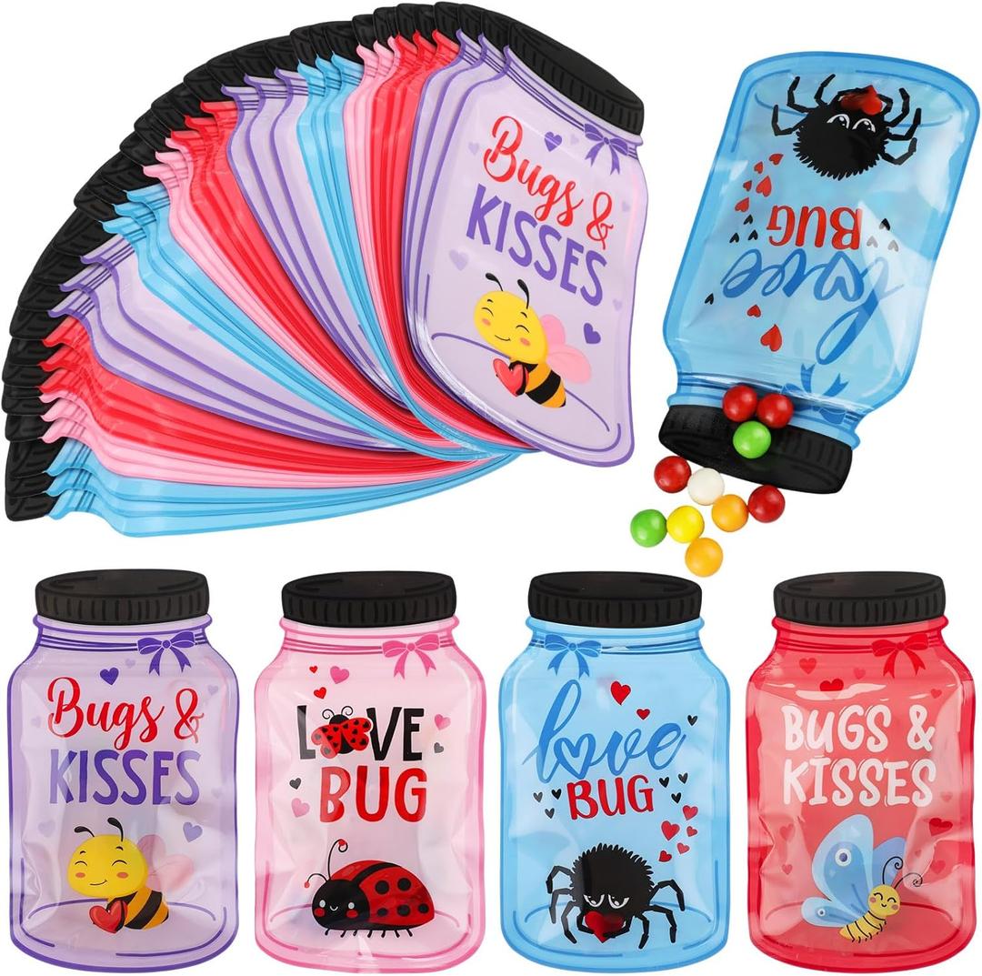 Tinlade 48 Pcs Valentine's Mason Jar Cards Bags Valentine Greeting Card Resealable Bags with Zipper Valentines Exchange for Kids Boys Girls School Class Classroom Party Favors Gifts (Diverse Style)