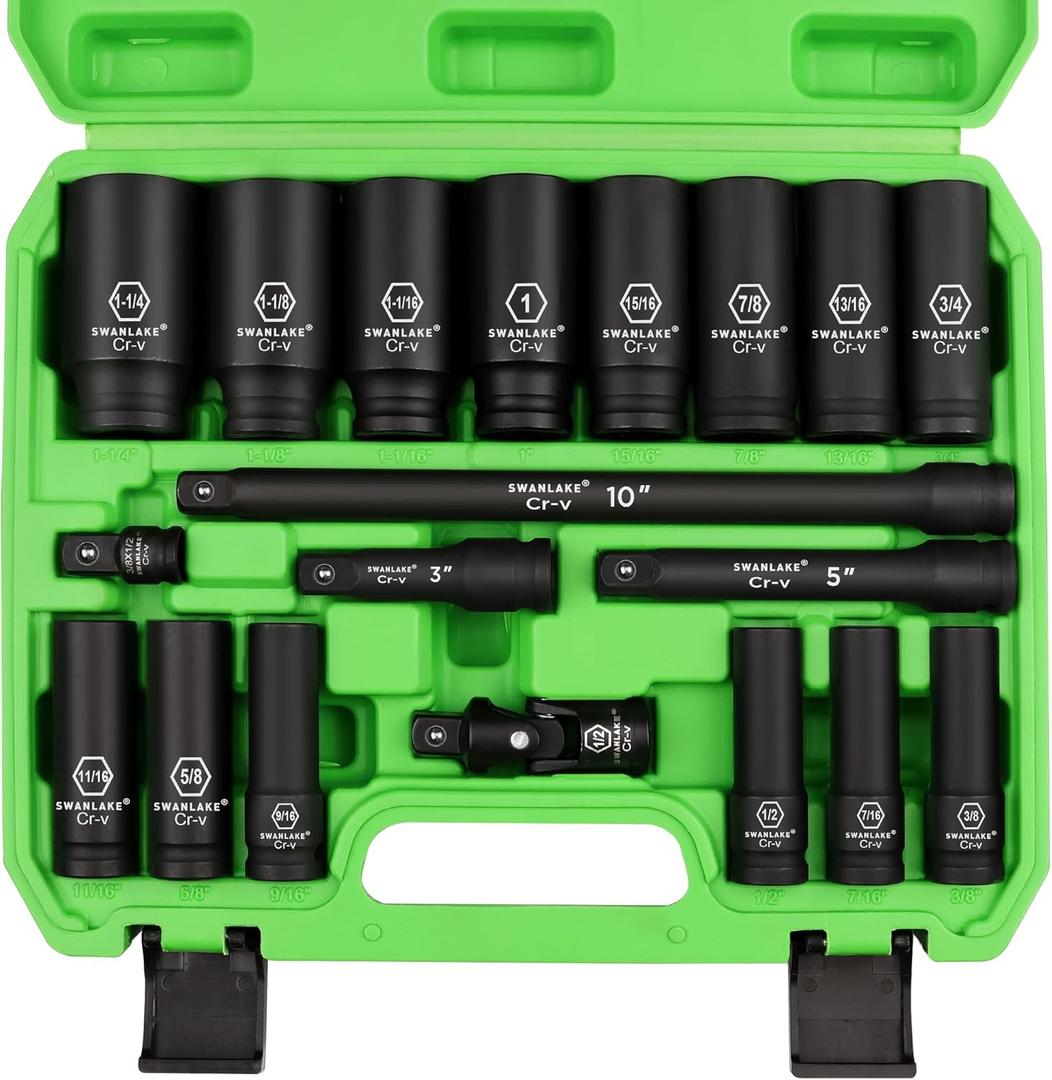 SWANLAKE 19-Piece 1/2" Impact Socket Set, 6 Point Impact Set, SAE (3/8-inch to 1-1/14-inch) Standard Large Socket, CR-V Mechanic Tool Set