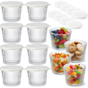 8pc Set of Small Glass Bowls with Lids 6.8oz Ribbed Clear Glass Containers Stackable Dessert Custard Pudding Cups Condiment Bowls for Sauces Dips, Nuts Oats, Candy Dessert, Cereal