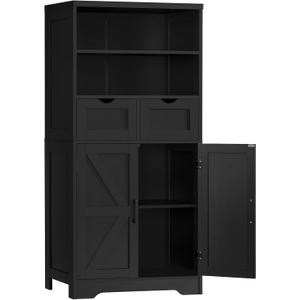 TEENFON Storage Cabinet with Doors & 2 Drawers, Kitchen Cabinet with Adjustable Shelf, Pantry Cabinets, Bathroom Cabinets, for Living Room, Entryway, Home Office, Black