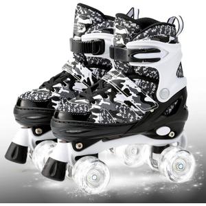 Kuxuan Skates Boys and Girls Camo Adjustable Roller Skates with Light up Wheels, Fun Illuminating Rollerskate for Kids Girls Youth (Small(10-12US), Black)
