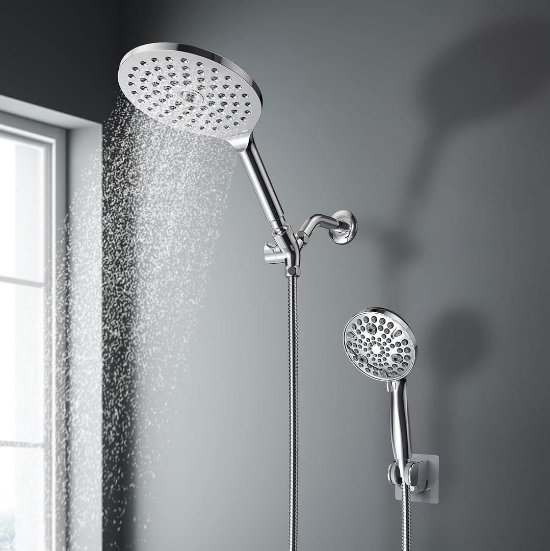7.5" Dual Rotatable Shower Head with Handheld Combo, 9 Spray Modes Hand Showerhead, High Pressure Rainfall Shower, Built-In Power Wash To Clean Tub & Pet (Chrome)