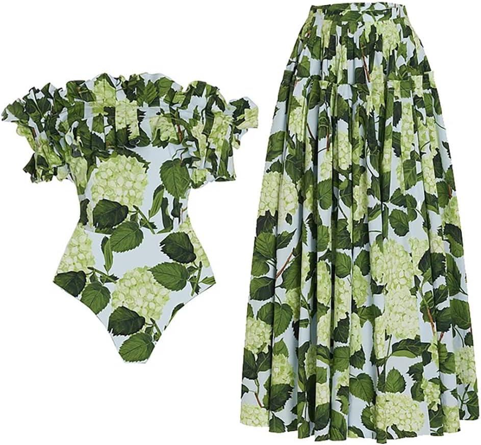 IDOPIP Women's One Piece Swimsuit with Beach Cover up Wrap Skirt Sarong Retro Floral Print Bikini Set Two Piece Bathing Suit (Green Hydrangea)