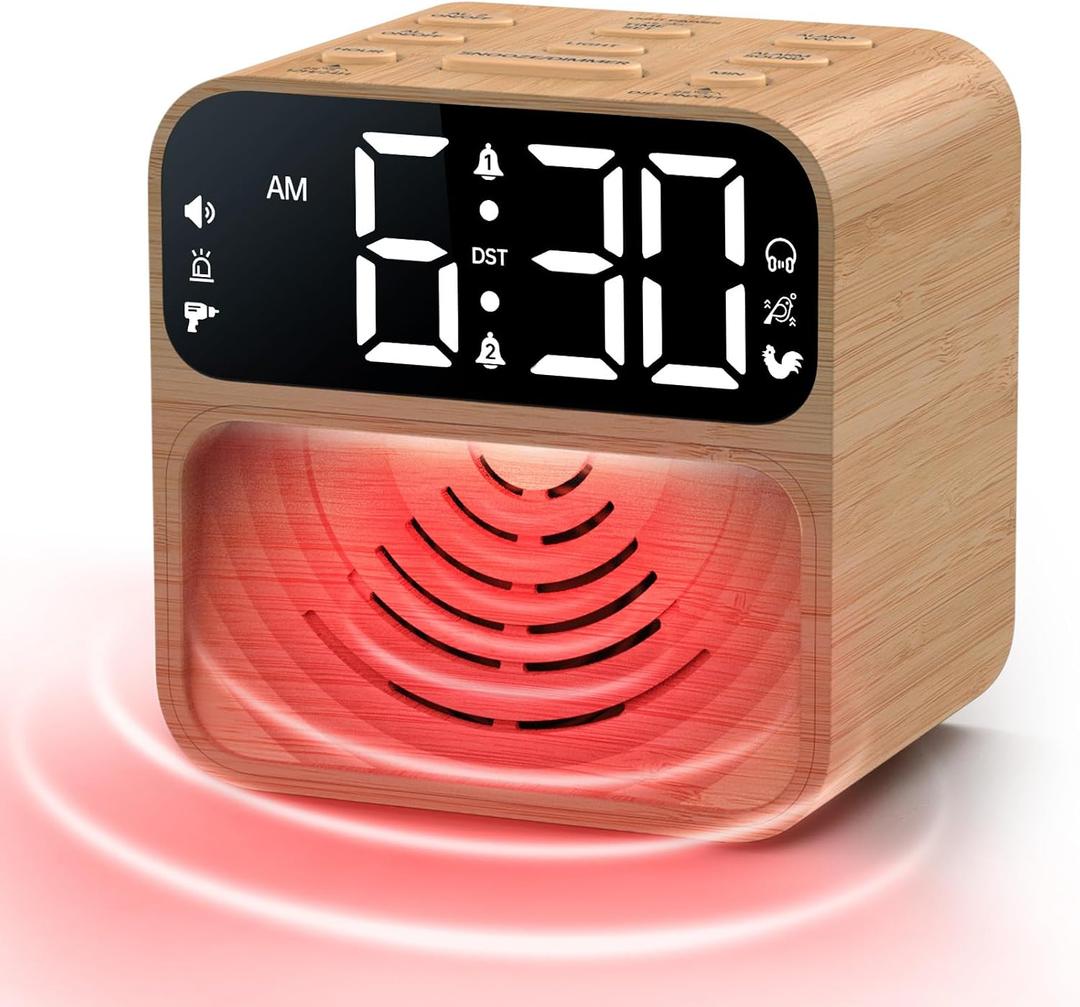 AuroraCalm Extra Loud Alarm Clock for Heavy Sleepers: 115dB Wake Up Alarm with Flashing Light to Help Prevent Oversleeping - Dual Alarm for Teens Adults Shift Workers Bedroom - Wood Grain