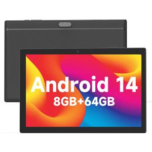 Android 14 Tablet 10 Inch Tablet, DDR4 8GB RAM 64GB Storage Tablets, Support 1TB Expand 2MP+8MP Dual Camera 10 IN Tab, WiFi6 Bluetooth 6000mAh Battery, 1280*800 10.1'' IPS HD Touch Screen Tableta. (Black)