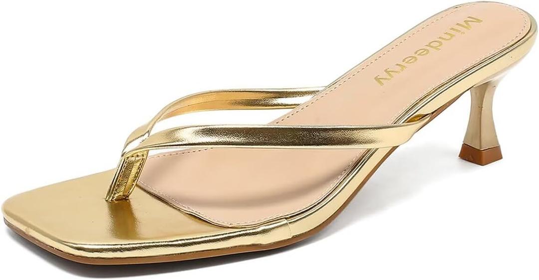 Mindeeryy Thong Sandals Kitten Heels Square Toe Flip Flops Slip On Heels for Women Kitten Heel Sandals Low Heel 2.4 Inch for Casual Gold 7