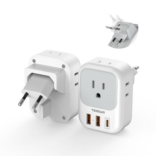 TESSAN European Travel Plug Adapter 2 Packs, Type C Europe Adaptor Foldable Plug 4 Outlets 3 USB(1 USB C PD 20W), US to Spain France Italy Germany Denmark Iceland European Travel Must Haves