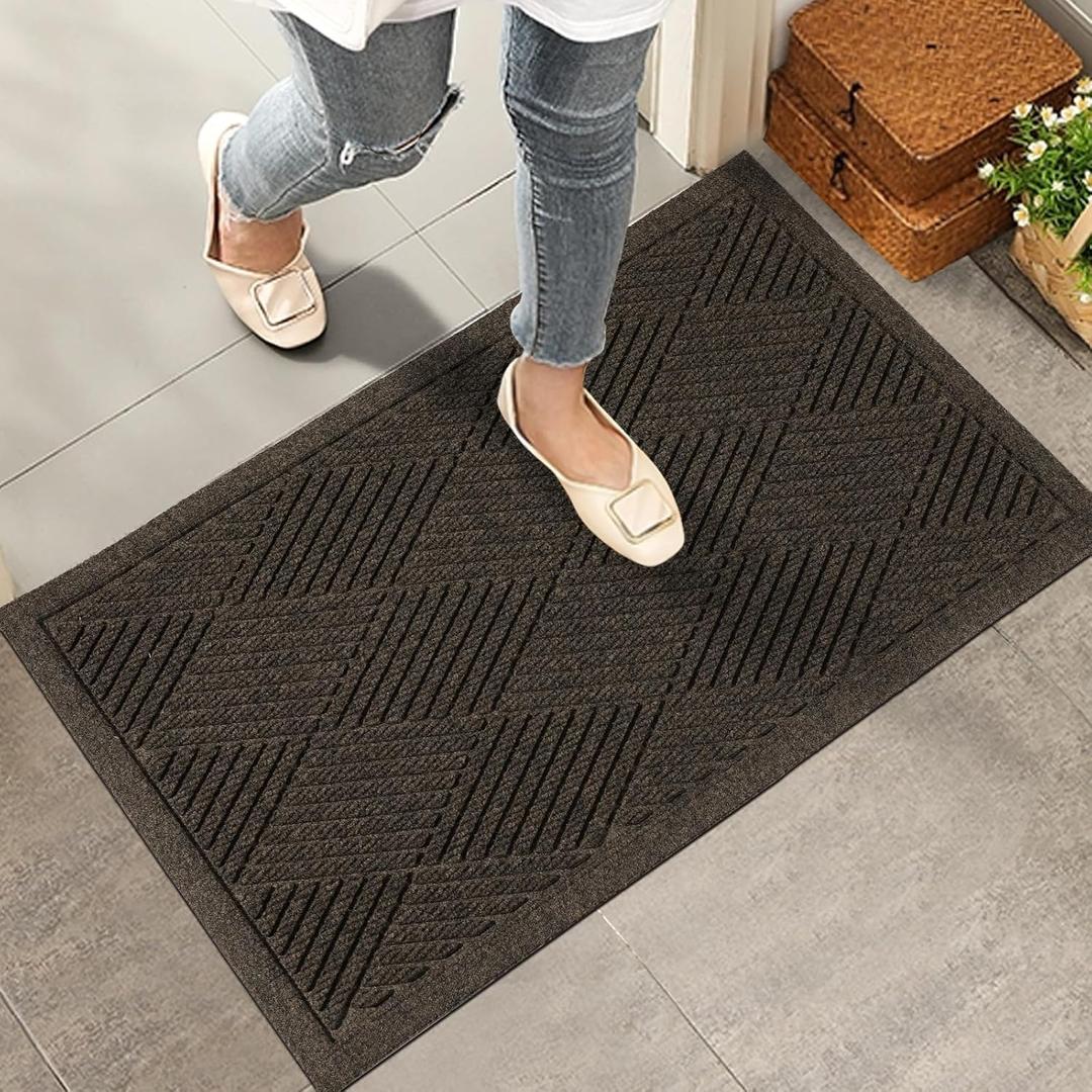 HIYARD Sturdy Front Door Mat, Absorbent Muddy Dirt Resist Welcome Door Mats Outdoor Indoor, Stain and Fade Resistant, Non-Slip Rubber Backing Low Profile Doormat for Entryway, 3017, Brown