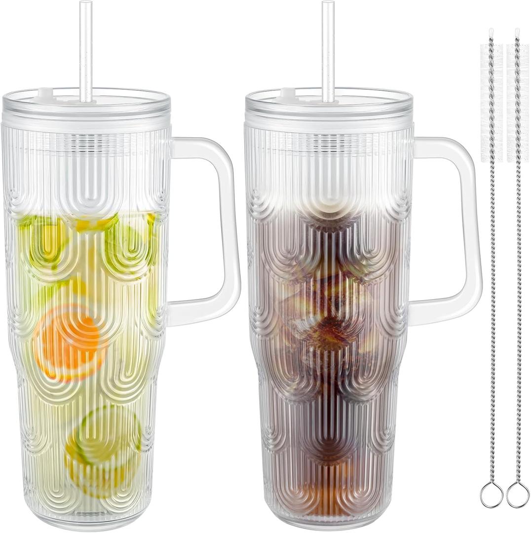 NiHome 2PCS 32oz Plastic Tumblers with Lids & Straws, Double-Wall Insulated Cups with Leak-Proof Screw-On Lids, Travel Mugs for Cold Drinks, Iced Coffee, Water, School, Office, On-the-Go (Clear)