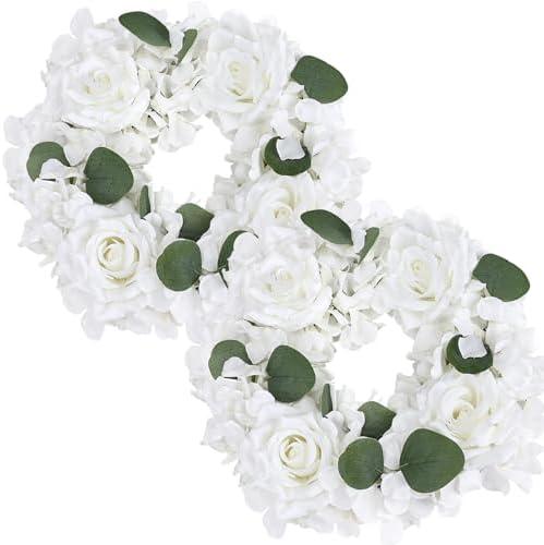 DIYDOFUN Artificial Flower Candle Rings - 6 Inch Inner Rose Floral Wreaths for Wedding Bridal Event Table Centerpieces Backdrop Decorations (White, 2 X Candle Rings)
