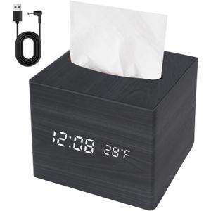 Wooden Tissue Box Cover Digital Cordless Alarm Clocks for Bedrooms, 8-Level Dimming, 5 Alarm Settings, Sound Activation, 5 Mins Snooze, 12/24H, Temperature and Date Display for Office