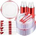 Hioasis 350pcs Clear and Red Plates - Red Party Plates for 50 Guest, Include 100 Heavy-duty Plates(20% Thicker Than Standard), 50 Pre Rolled Gold Plastic Silverware Set, 50 Cups