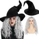 Forwe Wizard Hat Witch Hat Wizard Beard and Wig Set Halloween Costume Accessory for Men Women (Black)