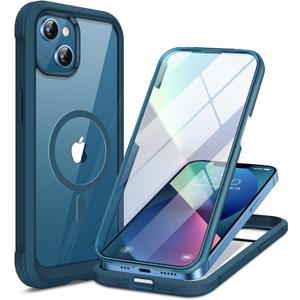 Miracase Glass Series Designed for iPhone 13 Case 6.1 inch, 2023 Upgrade Full-Body Magnetic Clear Bumper Case with Built-in 9H Tempered Glass Screen Protector,Storm Blue