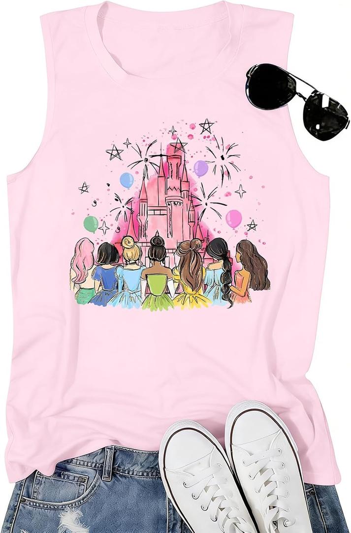 Magic Princess Tank Tops for Women: Magical Shirt Fairy Castle Graphic Tank Family Vacation Vest Summer Sleeveless Tops (Pink, M)
