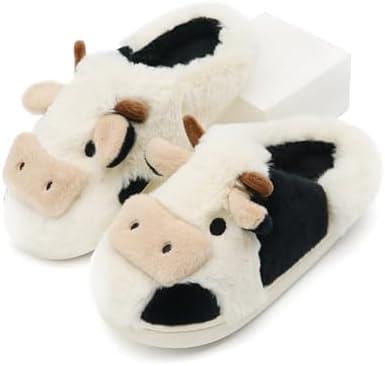 Boonble Fuzzy Cow Slippers for Women Men Adults, Fluffy Plush and Cozy Cotton House Slippers for Indoor Outdoor Bedroom, Warm Furry Cow Print Slipper for Winter Spring Fall, 40-41, Size: 7.5-8.5 Women/5.5-6.5 Men