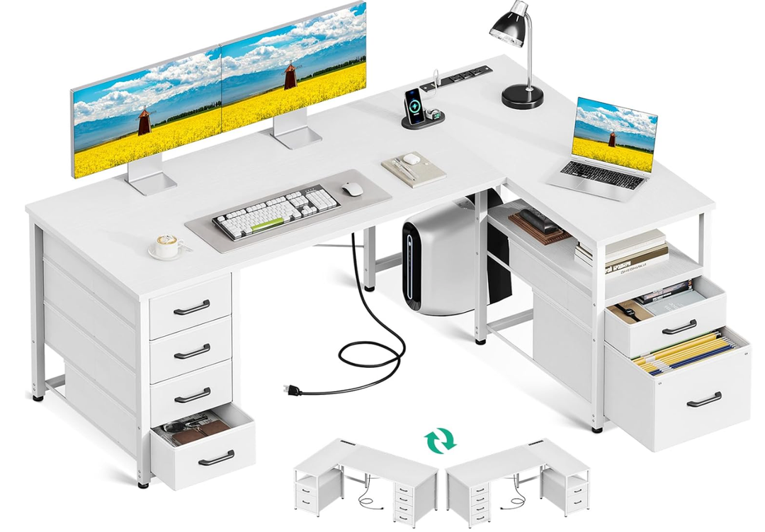 Coleshome L Shaped Computer Desk with 6 Drawers & Power Outlet, 55 Inch Corner Desk with Reversible Storage Shelf & File Drawer, Home Office Desk, Grey Oak