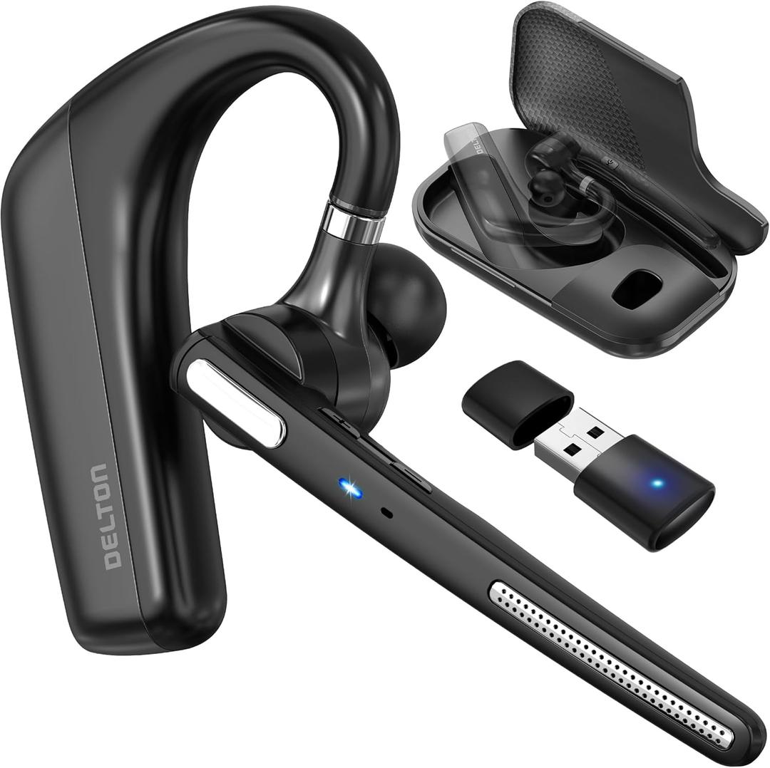 Ultralight Bluetooth Headset with Noise Cancelling Microphone, Bluetooth Earpiece with Charging Case, Auto Pair USB Dongle for PC/Laptop, Compatible with MS Teams, Zoom, Google Meet, and More - Black