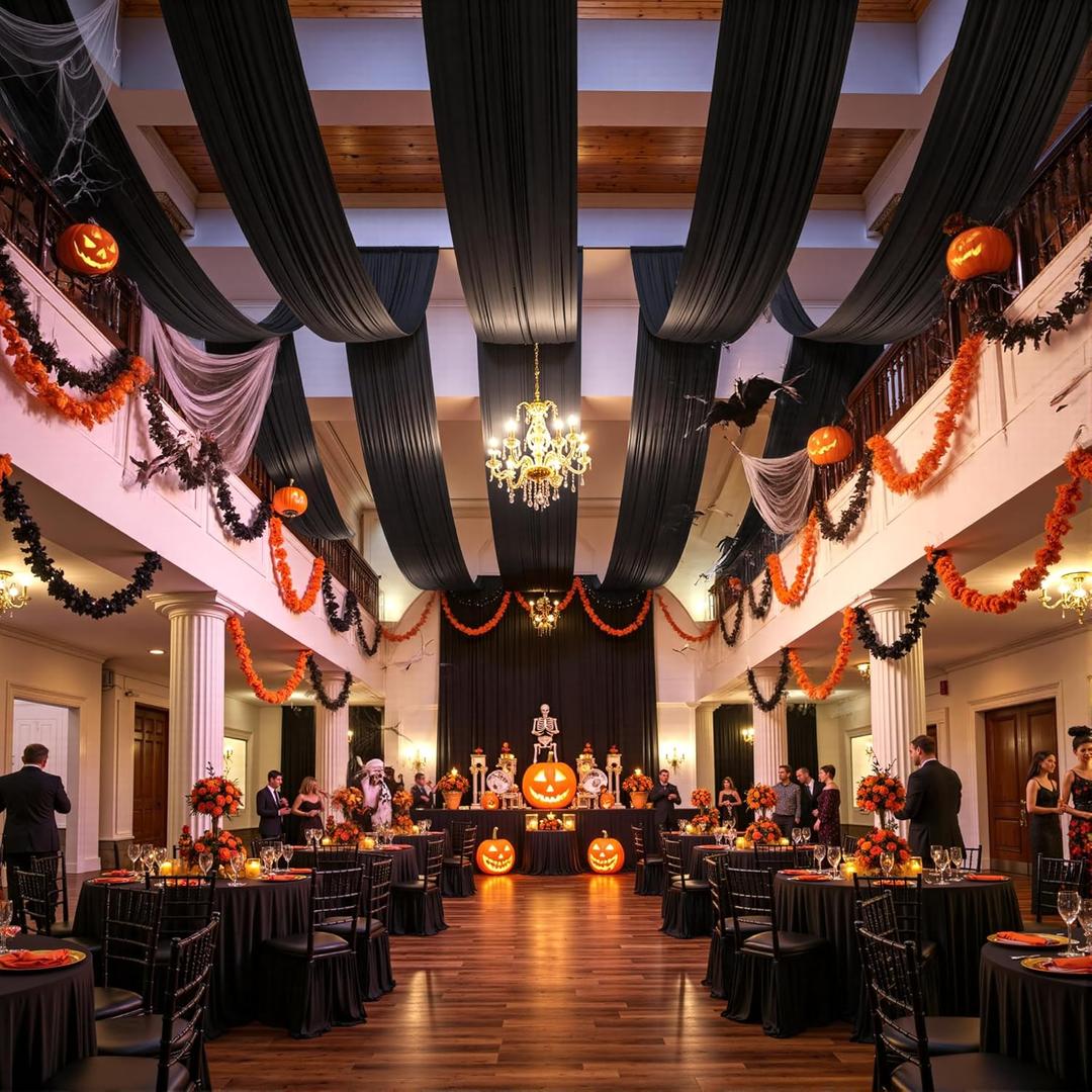 PartyVillage 2 Panels 5ftx30ft Black Ceiling Drapes for Halloween Parties  30 FT Extra Long Thick Polyester Wrinkle-Free Drapery Tent Decor Decorations for Birthday Party Ceremony Stage Swag