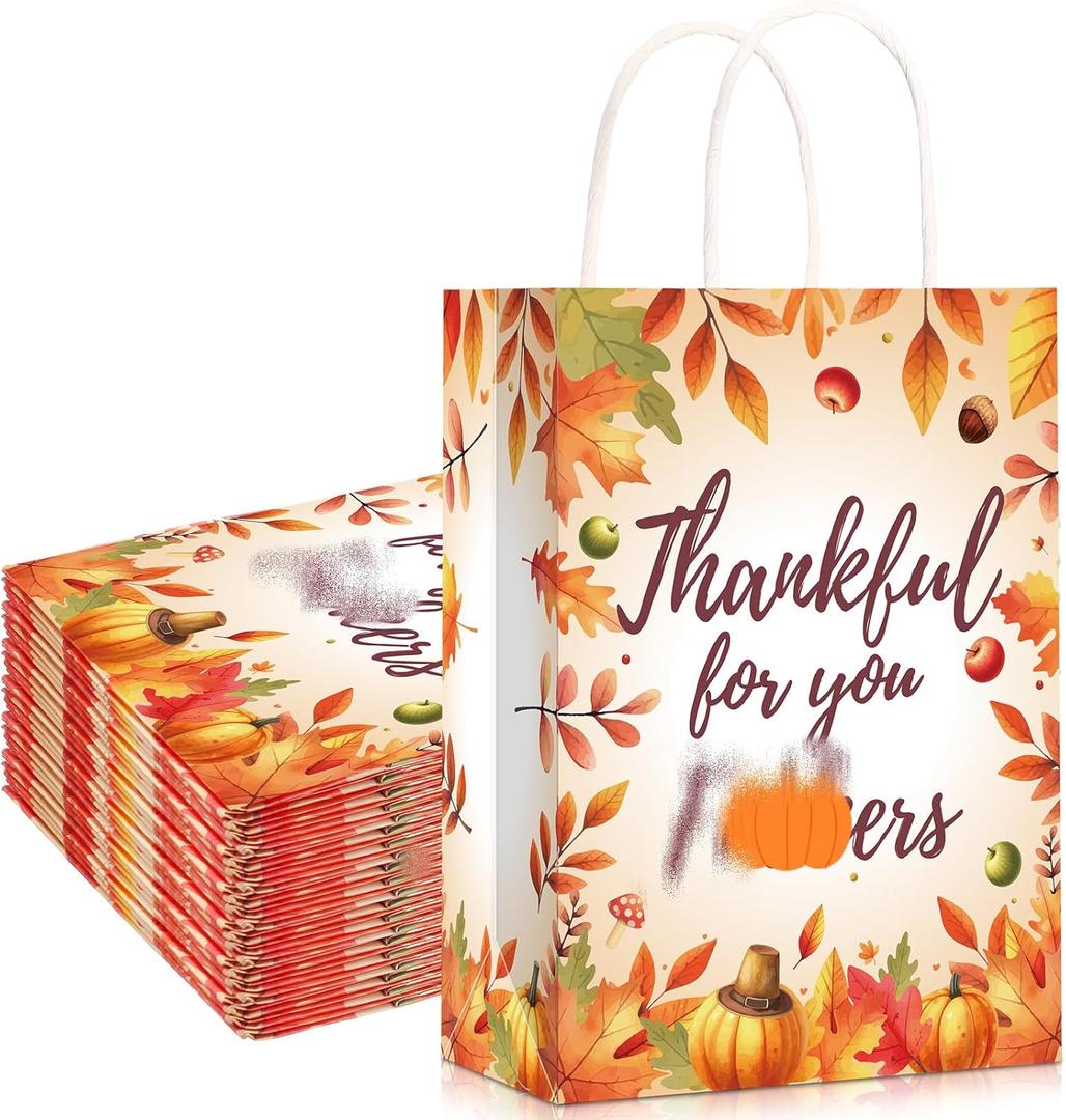 Kolldenn 25 Pcs Friendsgiving Gift Bags with Handle Thankful for You Fall Maple Leaves Pumpkin Bags for Autumn Thanksgiving Party Supplies, 8.3'' x 5.9'' x 3.1'' (Thankful)