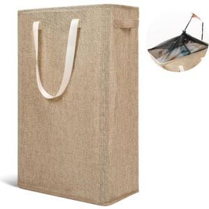 Odonata Slim Laundry Hamper Handles Collapsible Laundry Basket Thin Dirty Clothes Basket Narrow Laundry Bag Foldable Dirty Hamper 45L (Light Khaki)