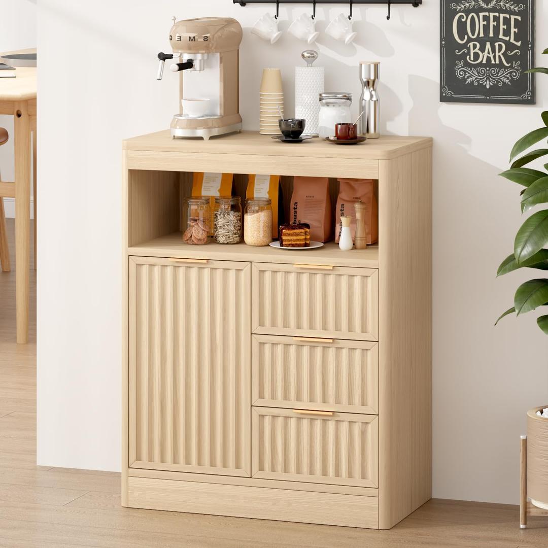 Coffee Bar Cabinet with Storage, Fluted Buffet Sideboard Cabinet with 3 Drawers & Adjustable Shelf, Rounded Edge Modern Storage Cabinet for Dining Room, Kitchen, Living Room, Entryway, Oak, 23.62" W x 11.81" D x 31.49" H