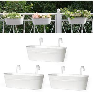 Dahey 3 Pcs Metal Iron Hanging Flower Pots for Railing Fence 15.7 Inch Hanging Bucket Pots Countryside Style Window Flower Plant Holder with Detachable Hooks for Garden Yard Home Decor, White