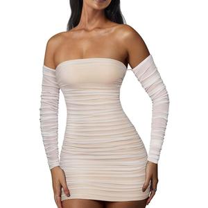 XXTAXN Women's Fall Long Sleeve Mesh Ruched Party Cocktail Mini Bilayer Bodycon Dress White (White, S)