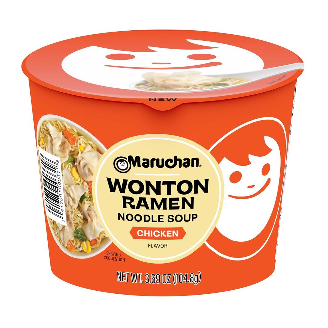 Maruchan Wonton Ramen Bowl, Chicken Flavor – Japanese-Style Instant Noodle Soup, Microwaveable Easy Meal – 3.69 Oz. (6 Pack)