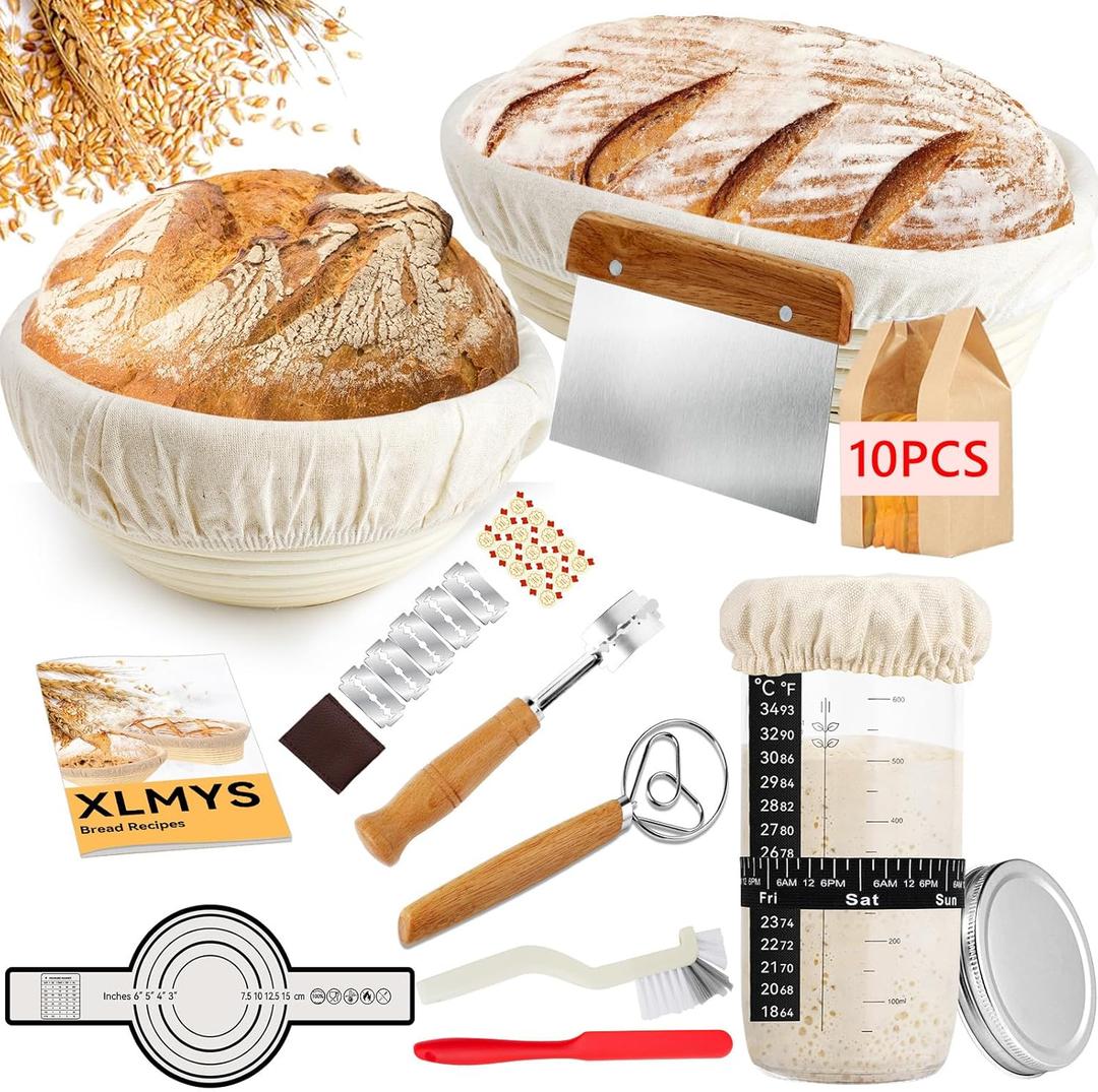 Sourdough Starter Kit - Banneton Proofing Basket 9 Inch Round & 10 Oval, Complete Sourdough Bread Baking Supplies with Starter Jar, Bread Sling, Lame, Danish Dough Whisk, Bags