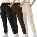 Common Stitch 3 Pack Fleece Cargo Joggers for Women 4 Pockets, Cuffed Ankle, Elastic Drawstring Waist (Brown, L)
