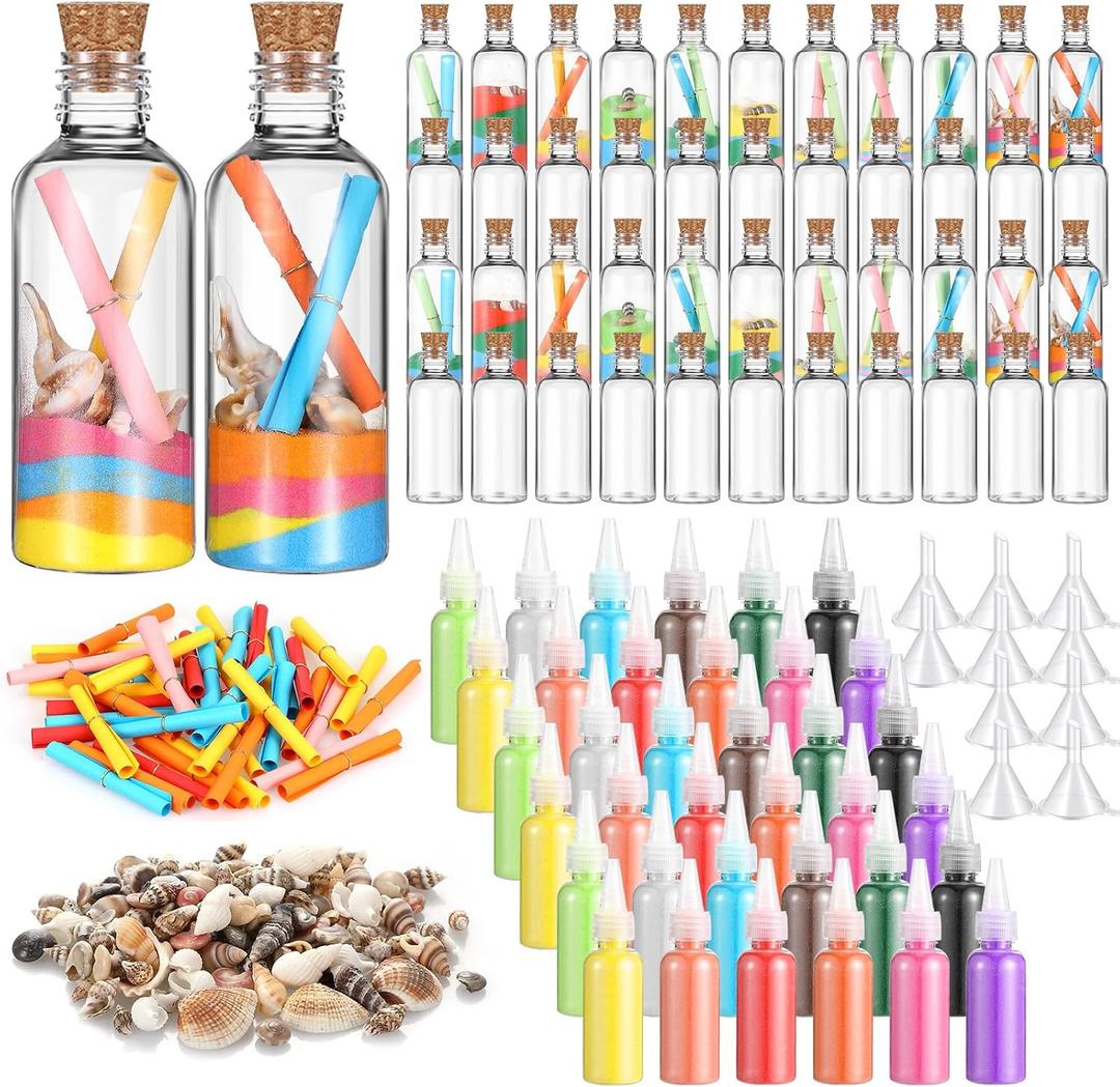 Libima 45 Pcs DIY Sand Art and Craft Kit Include Plastic Sand Art Bottles with Cork Stopper Colorful Sands Message Papers Seashells Funnels DIY Crafts Wedding Party Favors