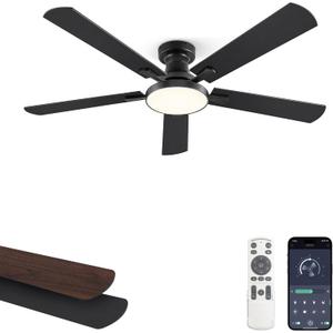 ZMISHIBO 52 Inch Ceiling Fans with Lights, Flush Mount Low Profile Ceiling Fan with 6 Speeds & 3CCT, Smart Remote&APP Control, Dimmable 24W LED Light, Quiet DC Motor for Living Room Bedroom,Black