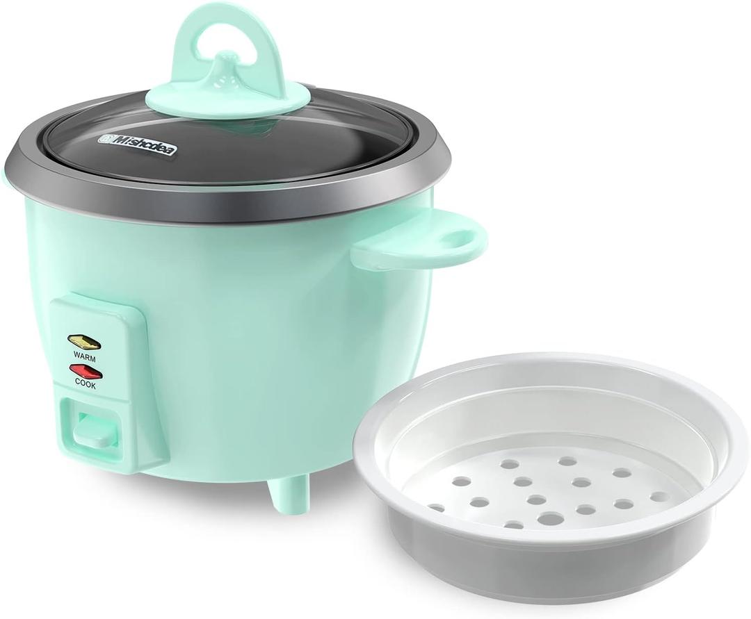 Mishcdea Small Rice Cooker 3 Cups Uncooked, Electric Mini Rice Cooker with Food Steamer Basket, Removable Nonstick Pot, 12H Automatic Keep Warm, for Rice, Soups, Stews, Grains, Oatmeal Mint Green