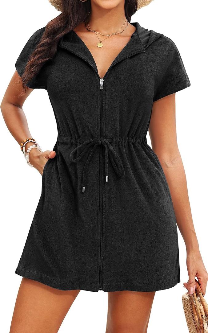 Yonique Terry Cloth Cover Ups - Hooded Cotton Swim Sun Cover-up with Zipper Pockets Beach Swimsuits (Black, M)