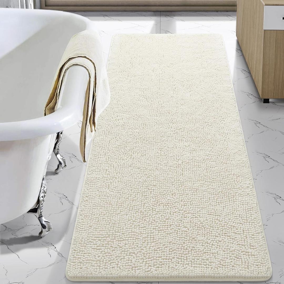 LOCHAS Luxury Bathroom Rug Shaggy Bath Mat 24 x 70 Inch, Washable Non Slip Bath Rugs for Bathroom Shower, Soft Plush Chenille Absorbent Carpets Mats, Cream White