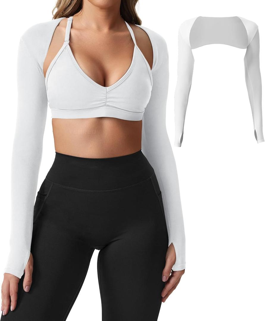 YEOREO Women Crop Top Long Sleeve Bolero Open Front Workout Cropped Shirts Sports Shrug (Medium, White)