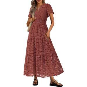 PRETTYGARDEN Womens 2026 Summer Maxi Dress Short Sleeve V Neck Hollow Out Eyelet A Line Long Flowy Beach Vacation Dresses (Silver, L)