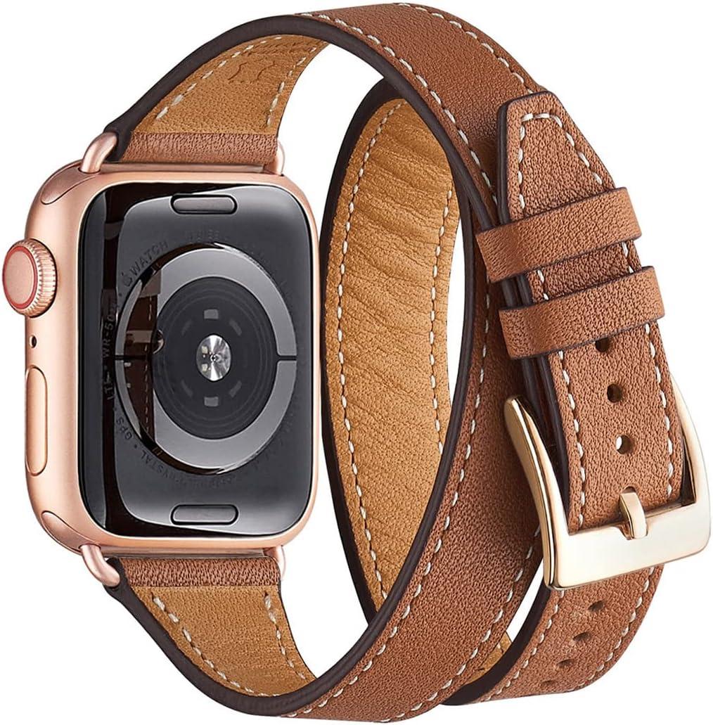 Bestig Bands Compatible with Apple Watch Band 49mm 46mm 45mm 44mm 42mm (Series 3 2 1) Women Men, Genuine Leather Double Tour Designed Slim Strap for iWatch Ultra 1/2/3 SE1/2 Series 11 10 9 8 7 6 5 4 (A-Brown+RoseGold)
