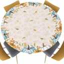 Autumn Pumpkins Round Tablecloth with Elastic Fall Thanksgiving Pumpkin Botanical Maple Leaves Waterproof Stain-proof Table Cover Fitted Table Cloths for 45"-54" Round Table Kitchen Indoor Outdoor Use