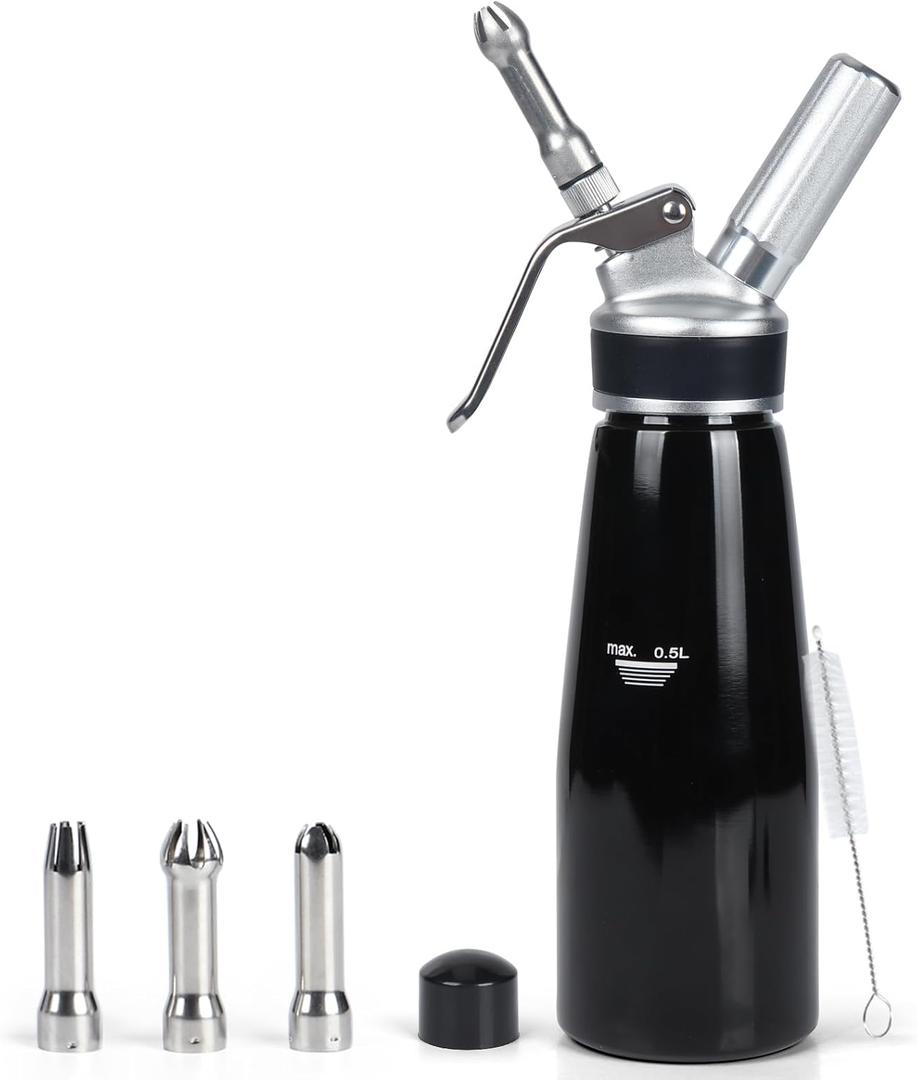 Whipped Cream Dispenser 500ml  1 Pint Heavy-Duty Aluminum Cream Canister with 3 Nozzles & Cleaning Brush  Leak-Proof Whip Cream Maker for Desserts, Toppings, N2O Charger not Included