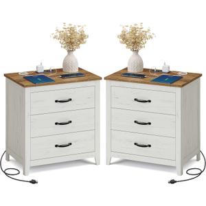 VASAGLE LIRY Collection - Farmhouse Nightstand with Charging Station, Set of 2, Bedside Tables, Side End Tables with 3 Drawers, for Bedroom, Rustic White and Honey Brown ULET979W01