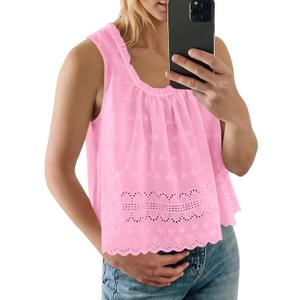 Tankaneo Womens Eyelet Tank Top Embroidered Babydoll Sleeveless Shirts (Pink, XL)