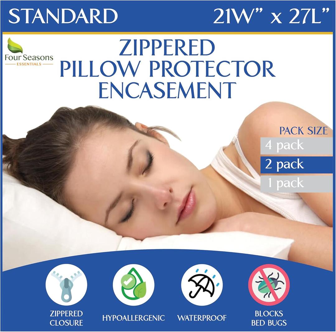 Four Seasons Essentials Standard Pillow Protectors (Set of 2)  Zippered Waterproof Pillow Covers Hypoallergenic Dust Proof Pillowcase Encasement Cover