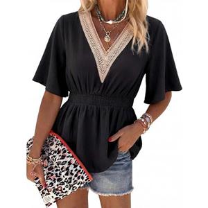 HEYTALALA Womens Peplum Tops Summer Lace Short Sleeve V Neck Shirts Dressy Casual Babydoll Blouses Large