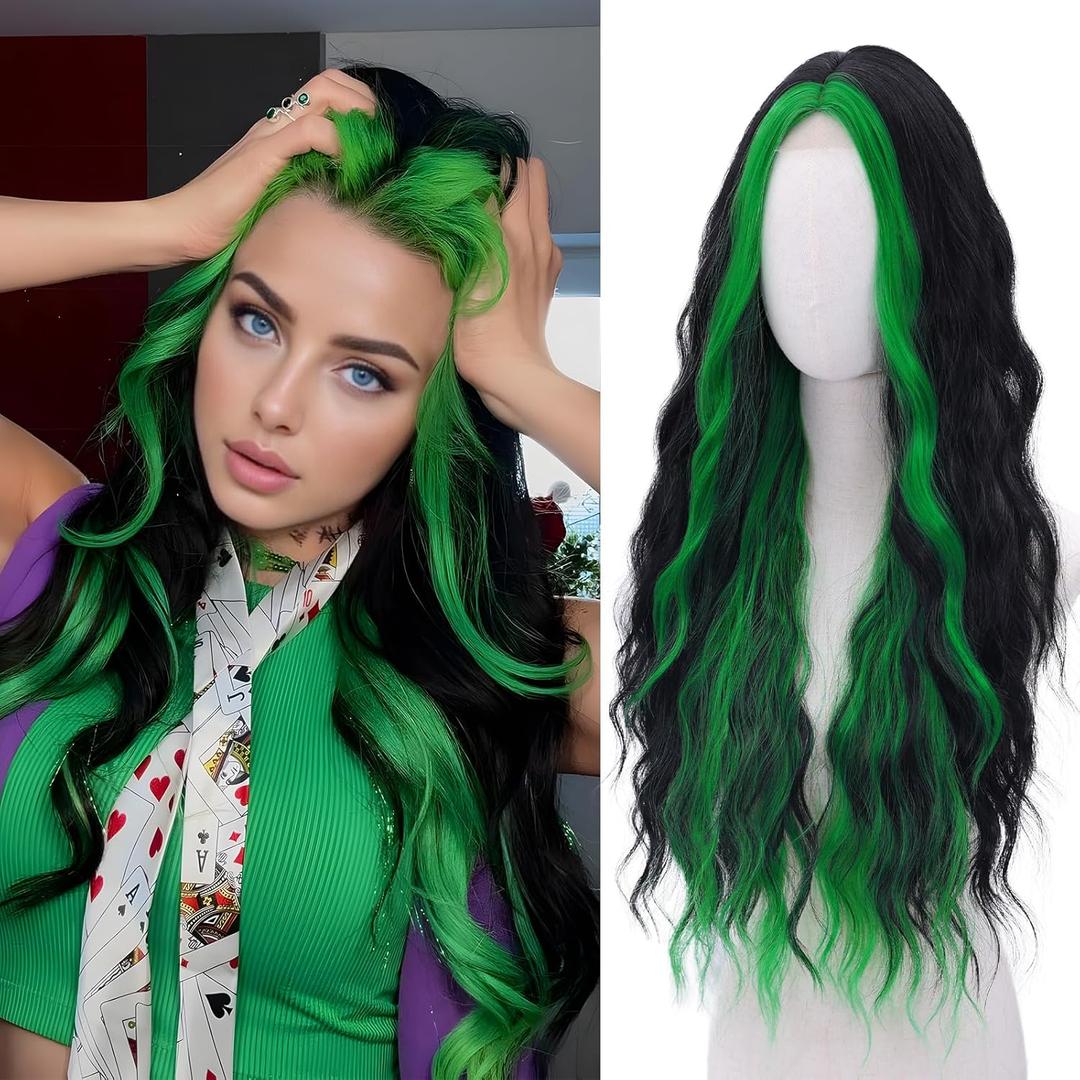 Green Wig - Black and Green Wigs for Women Long Natural Wavy Synthetic Wig Heat Resistant Fiber Wigs for Daily Party Halloween Cosplay (28 Inch)