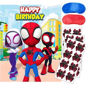 Spidey Birthday Decorations, Spidey Party Games for Boys Girls, Large Poster 24PCS Stickers for Spidey Birthday Party Supplies