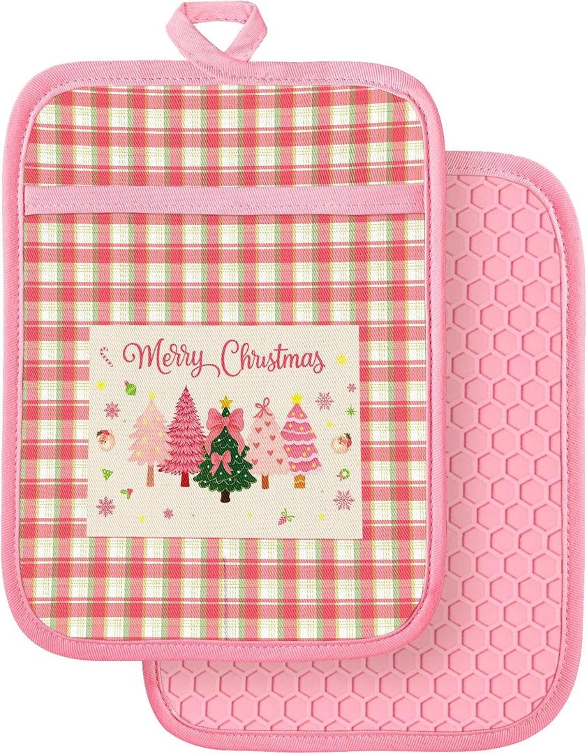 Slohif Silcone Christmas Pot Holders for Kitchen - 100% Cotton Pink Cute Oven Potholders with Pockets, Heat Resistant Square Thick Hot Pads, House New Home Baking Baker Gifts,2pack