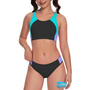 Beautikini Period Swimwear Two Piece Menstrual Leakproof Sporty Bikini Sets Bathing Suit Period Swimsuit for Teen Girls (XX-Small, Blue Curacao+purple)